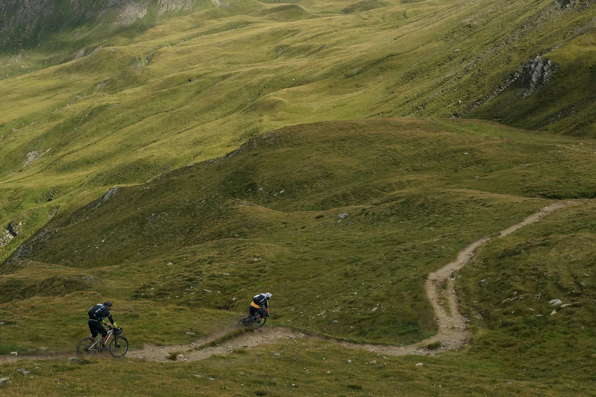 Due biker su un trail erboso in quota tra le montagne